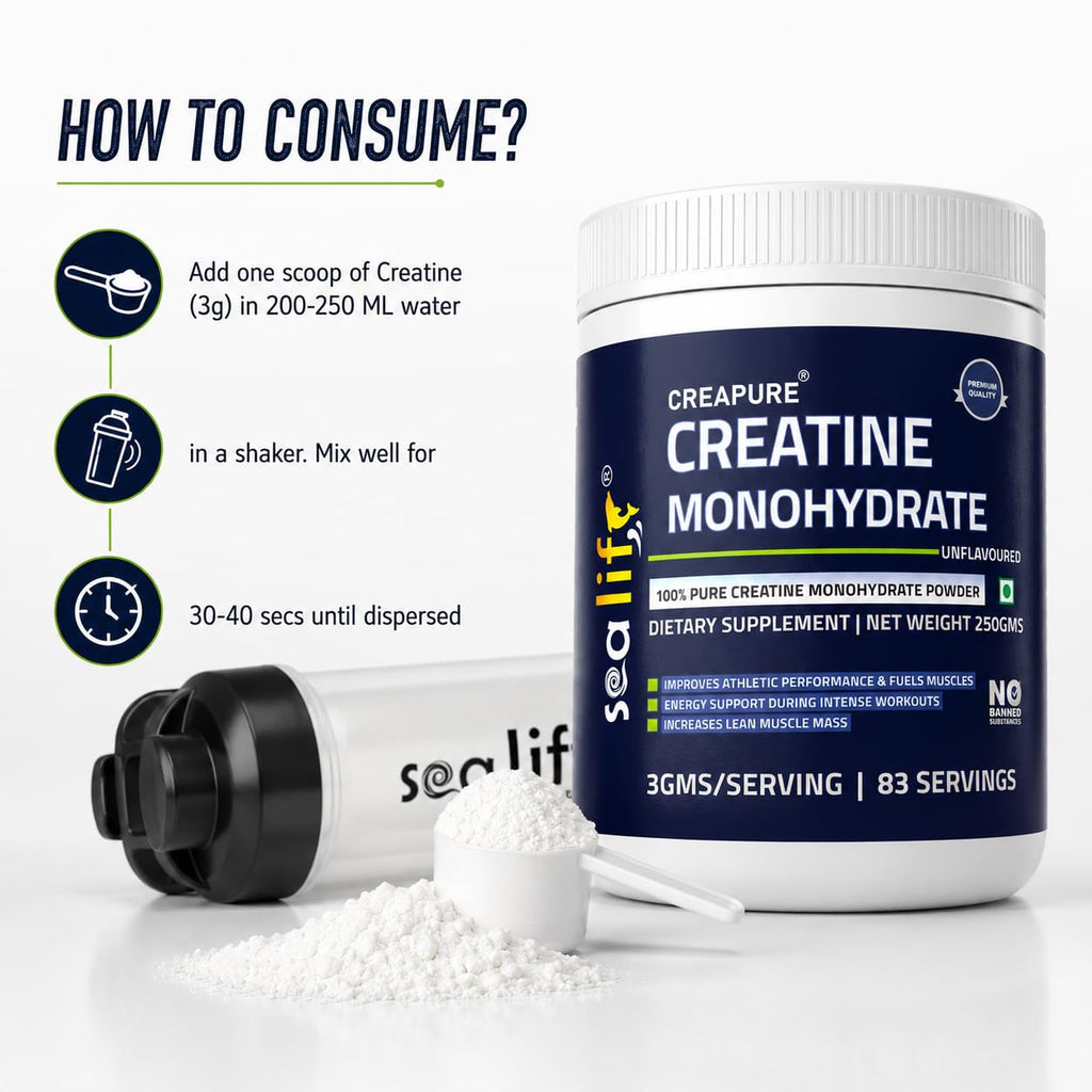 Sea Life Creatine Monohydrate |100% Pure Creatine Powder 250gm,83 Servings |Improves Athletic Performance & Fuels Muscles |Lean Muscle Building Supports | Muscle Repair & Recovery | Creapure Creatine