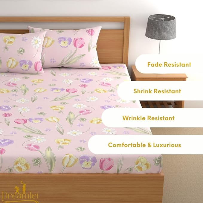 Dreamlet All Around Elastic Supersoft 210tc Premium Cotton Elastic Fitted Bedsheets With 2 King Size Pillow Covers | Pink and Lavender