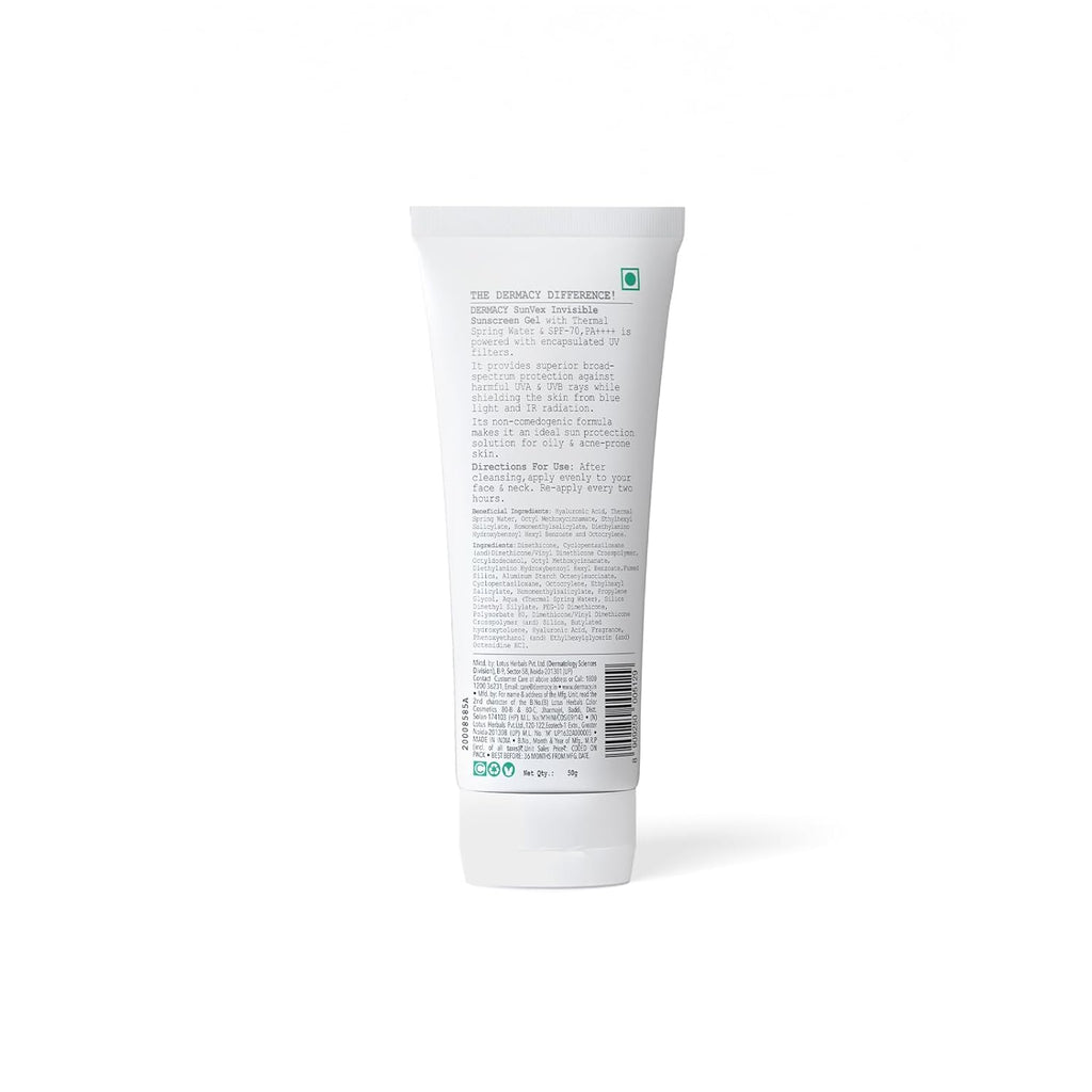 Dermacy Sunvex Invisible Sunscreen Gel | SPF 70 PA++++ | Non - Sticky, Effective Sun Protection | Suitable For All Skin Types | For Women and Men | 50g