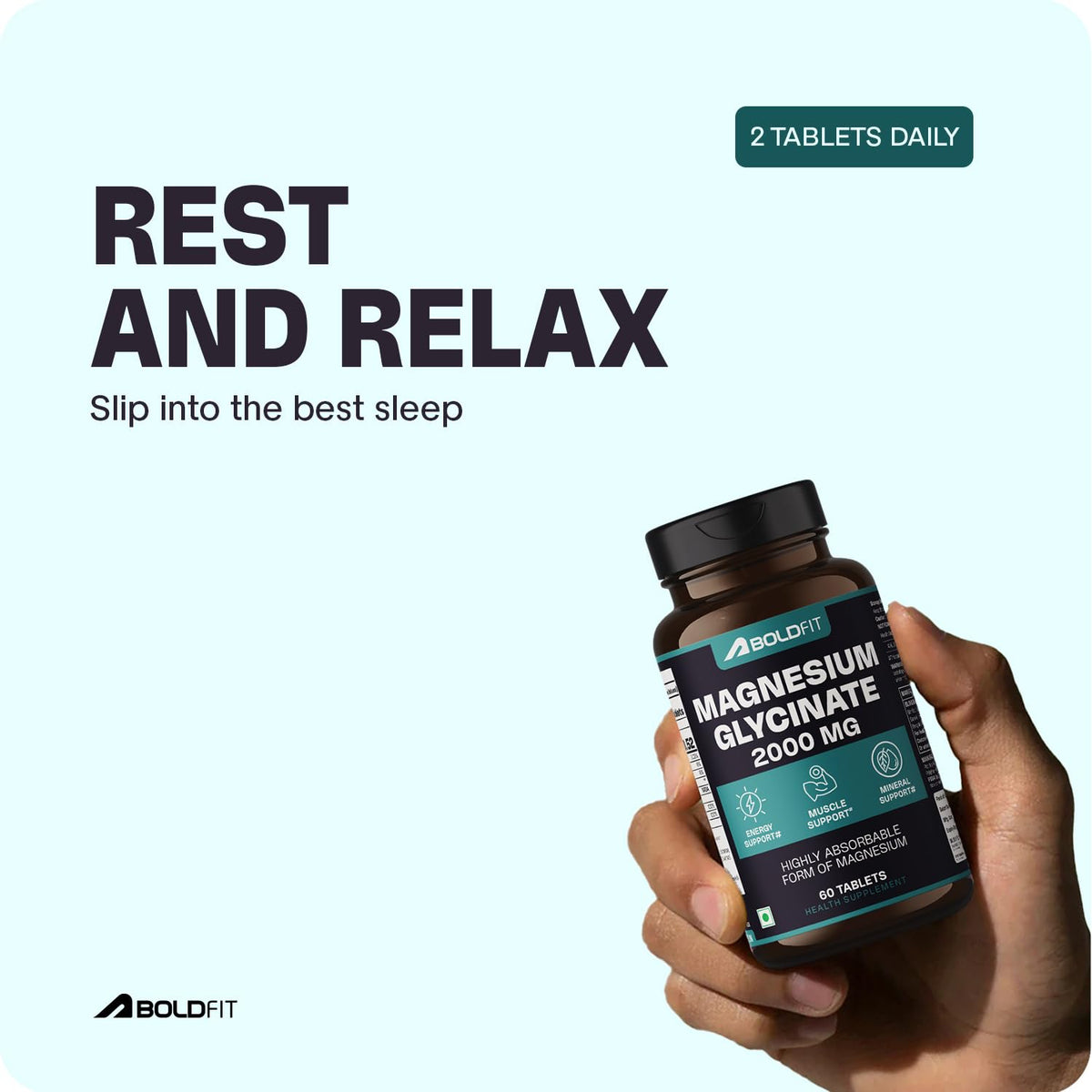 Boldfit Magnesium Glycinate Tablets | 2000mg Magnesium Supplement | For Men & Women | Muscle Support, Relaxation & Daily Wellness | 60 Tabs
