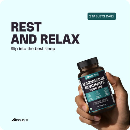 Boldfit Magnesium Glycinate Tablets | 2000mg Magnesium Supplement | For Men & Women | Muscle Support, Relaxation & Daily Wellness | 60 Tabs