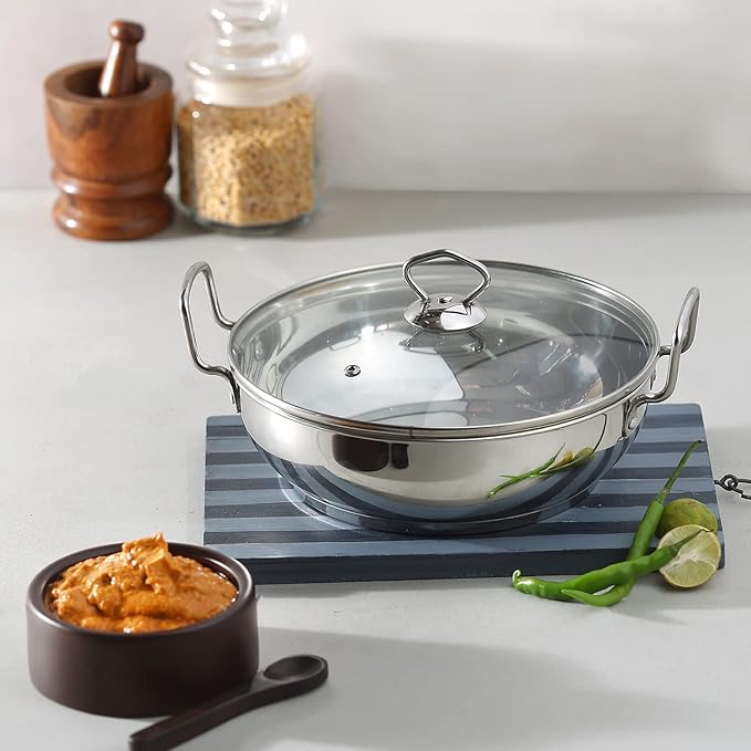 Vinod Stainless Steel Kadhai with Glass Lid - 4 Litre, 26cm | Extra Thick, SAS Heavy Bottom | Kadai for Cooking