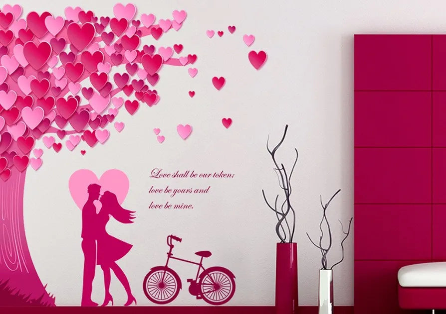 Decals Design Romantic Couple Under The Heart Leaves Tree and Love Quote with Bicycle Wall Sticker