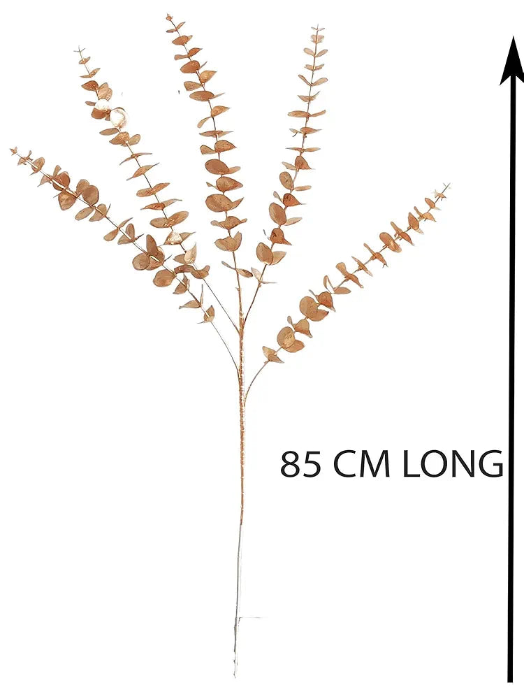 Plastic Artificial Flowers For Decoration Flower Bunch Long Size Eucalyptus Gingko Stick Stem Golden 85 Cm Height