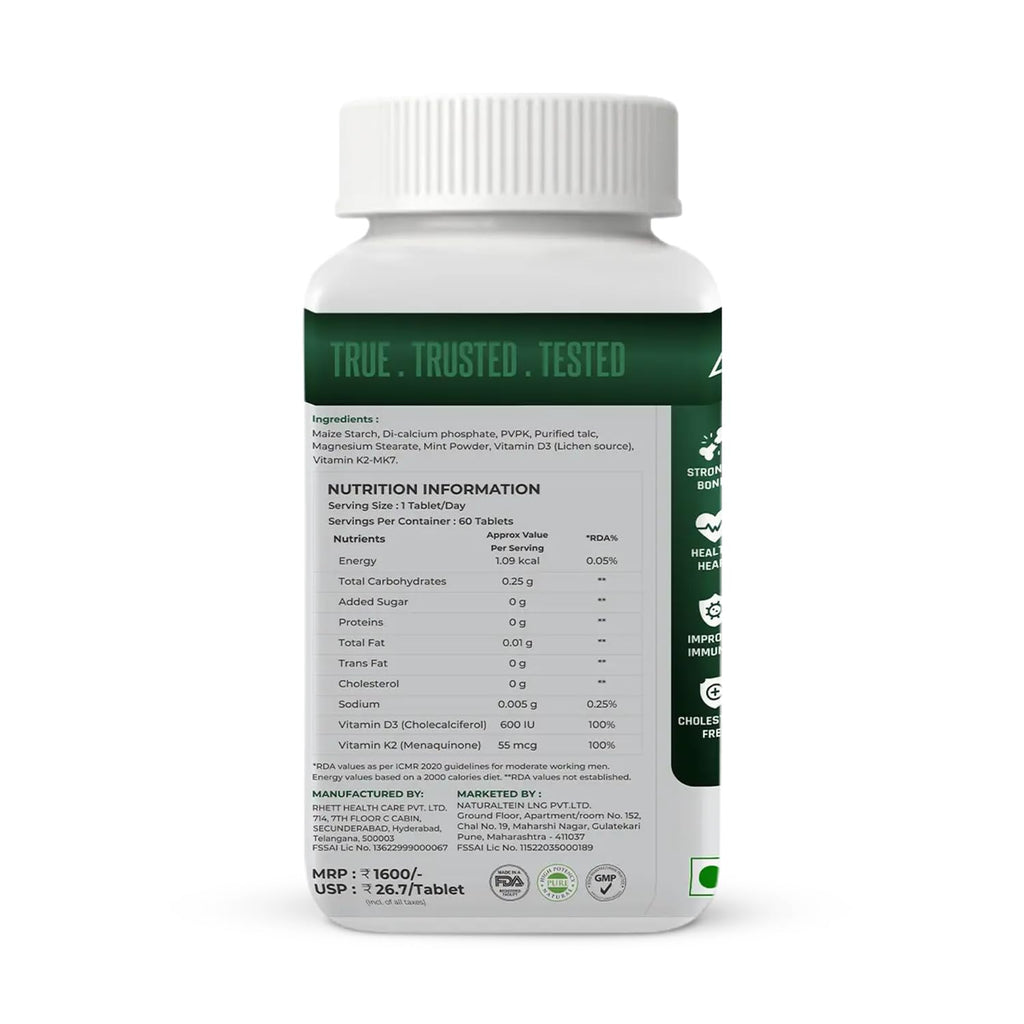 NATURALTEIN Vitamin D3 + K2 Supplement | 600 IU Plant-Based D3 & 55 mcg MK-7 K2 | 60 Unflavoured Tablets for Bone, Muscle & Calcium Support