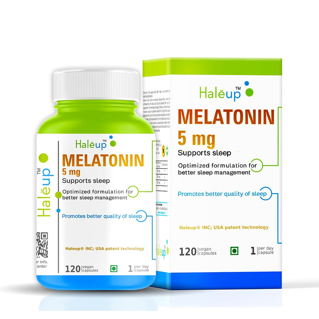 Haleup Melatonin Capsules 5 mg | Non-addictive I Calmness and nerve relaxation | Sleep cycle regulation | Muscle restoration & relaxation - 120 Veg capsules