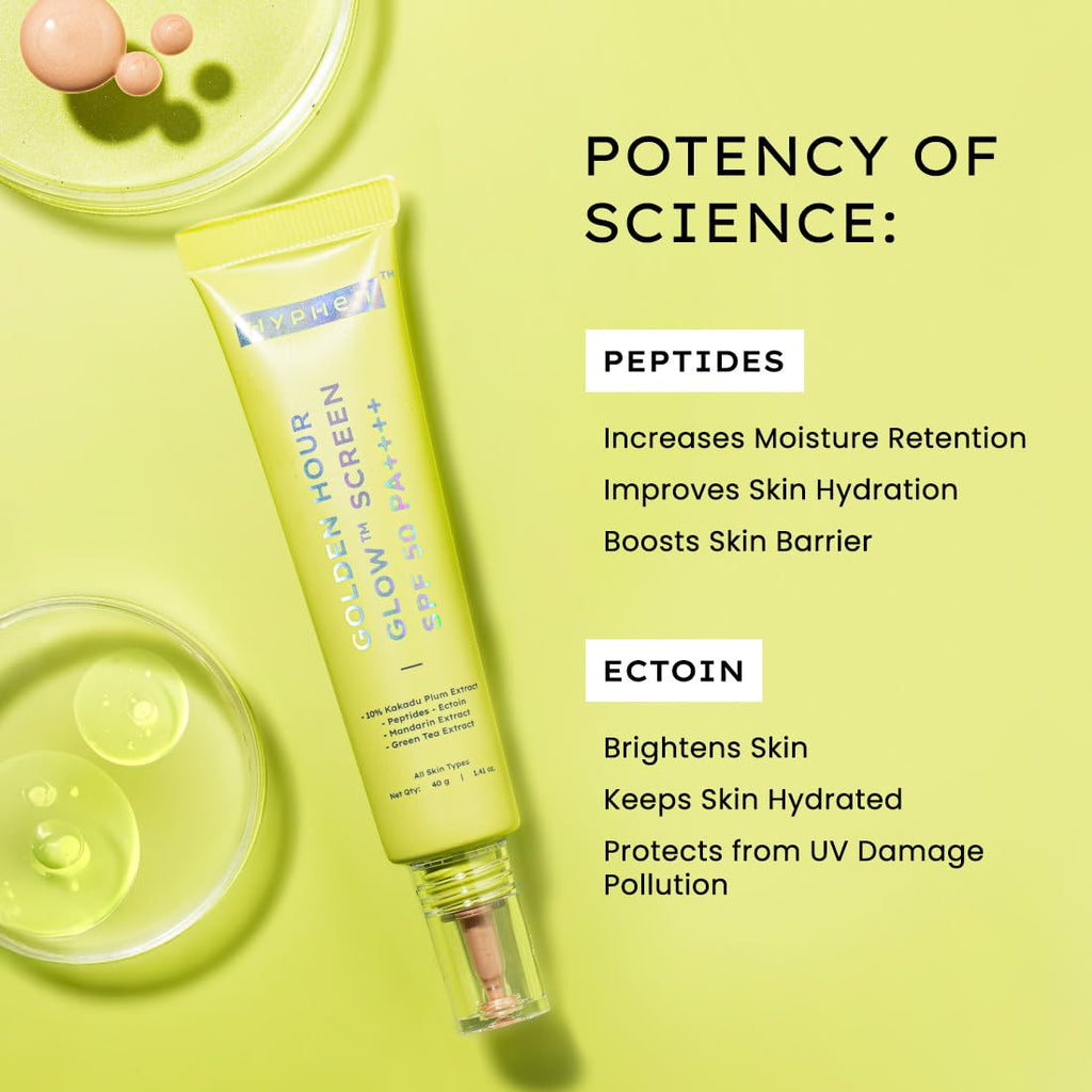 Hyphen Golden Hour Glow Sunscreen Spf 50 Pa++++ Dewy Glow & Bright Skin| Vitamin C Rich-10% Kakadu Plum & Peptides| Winter Sunscreen Moisturizer for Women & Men|Lightweight & Non Greasy, Uv & Blue Light Protection|Dry & All Skin Types - 40G