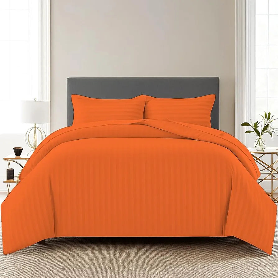 Trance Home Linen Zippered 100% Cotton 200TC Satin Stripe King Size Duvet Cover Quilt Cover Blanket Cover Razai Comforter Cover with 2 Pillow Covers Colour Orange