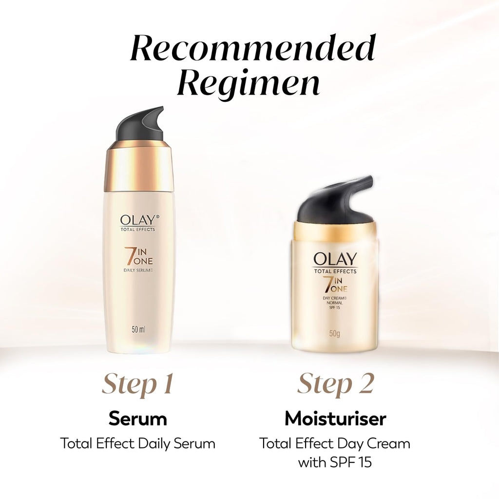 Olay Total Effects Day Cream |with Vitamin B5, Niacinamide, Green Tea, SPF 15 |Fights 7 signs of ageing for glowing, hydrated and younger looking skin with UV protection |Suitable for Normal, Dry, Oily & Combination skin |50 gm