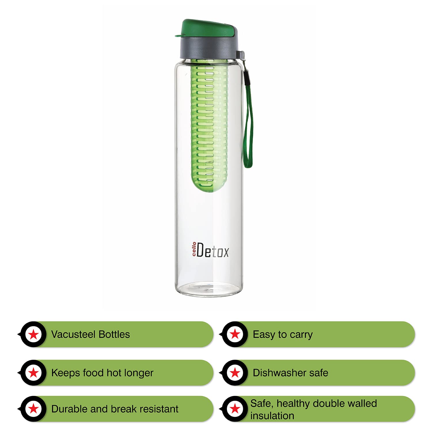 Cello Detox Fruit & Tea Infuser Glass Water Bottle| Wide Cap Sealed With Flip Top - 750 ml