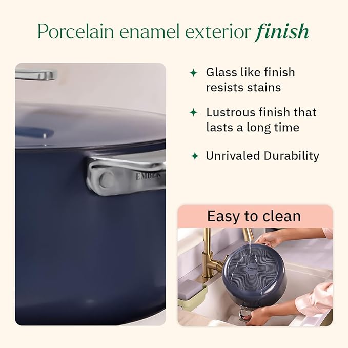 Ember Cookware Arcilla Ceramic Non Stick Dutch Oven 24cm | Metallic Lid | Stainless Steel Handles | Non Toxic Biryani Pot | Green
