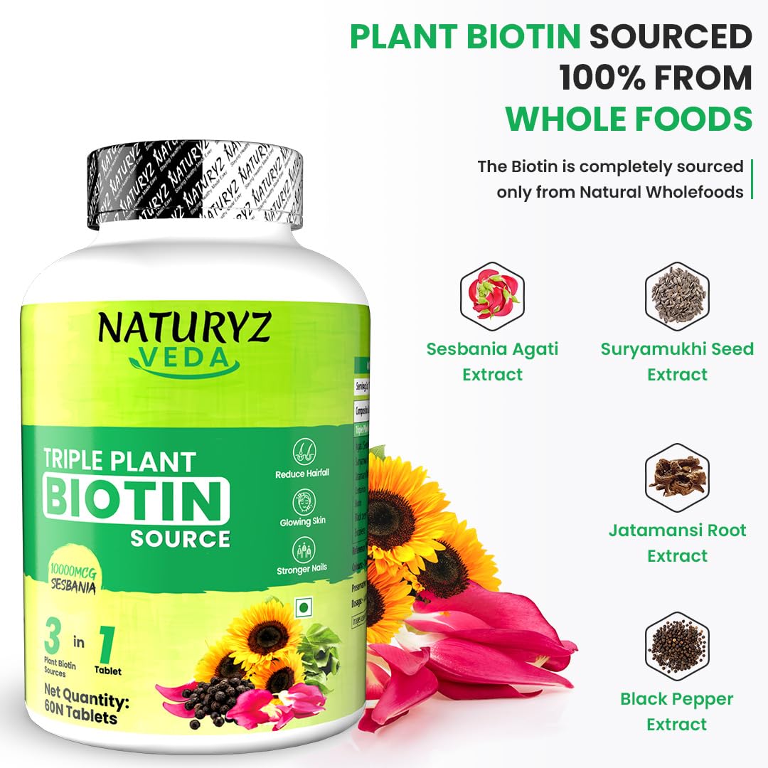 Naturyz Veda Triple Plant Biotin For Hair Growth | 100% Rda Biotin| Sesbania Agati | With 3 Vegan Sources | Stronger & Increased Hair Density | Shinier Nails | Glowing Skin - 60 Tablets