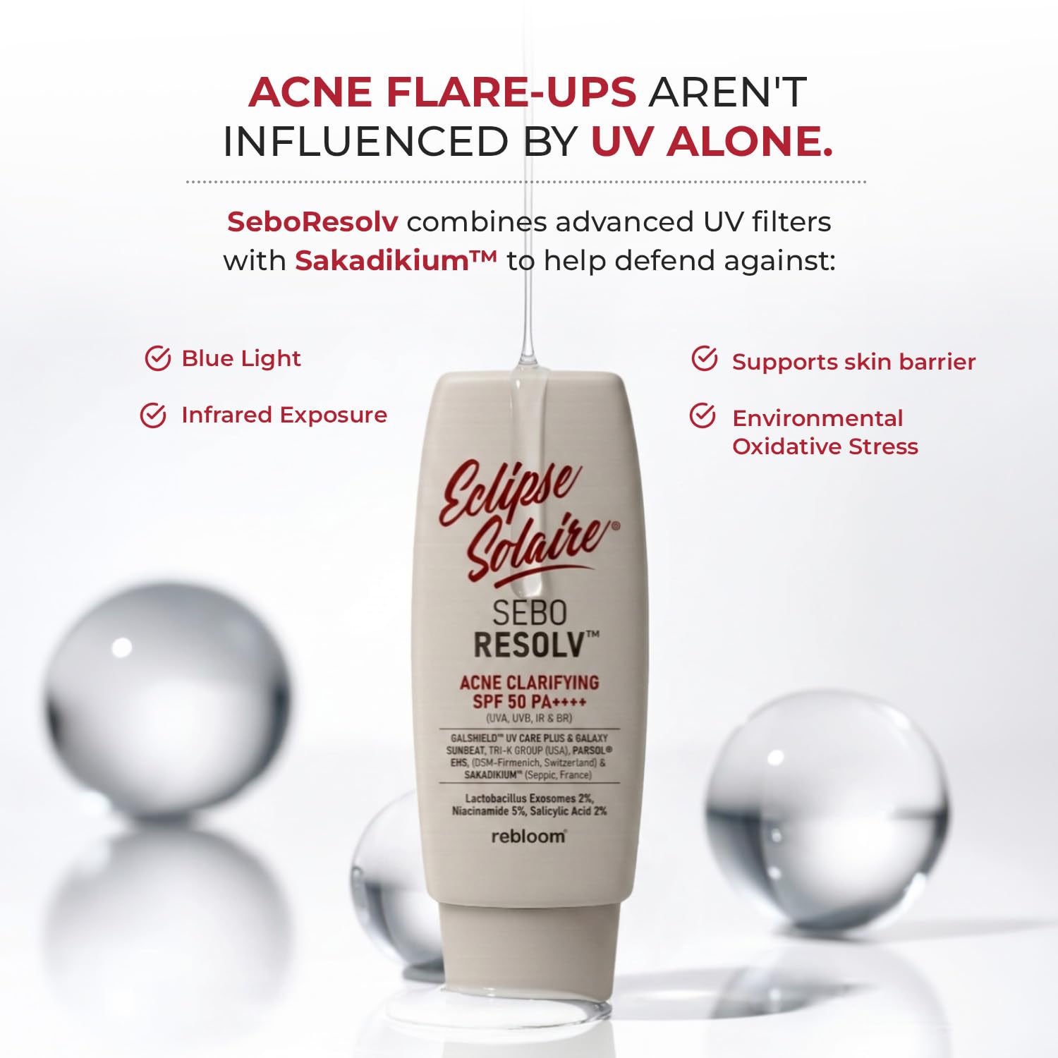 Eclipse Solaire SeboResolv Acne Clarifying SPF 50 PA++++ (UVA, UVB, IR & BR) | No white cast | Non-greasy | Oily/Acne prone skin 60ml