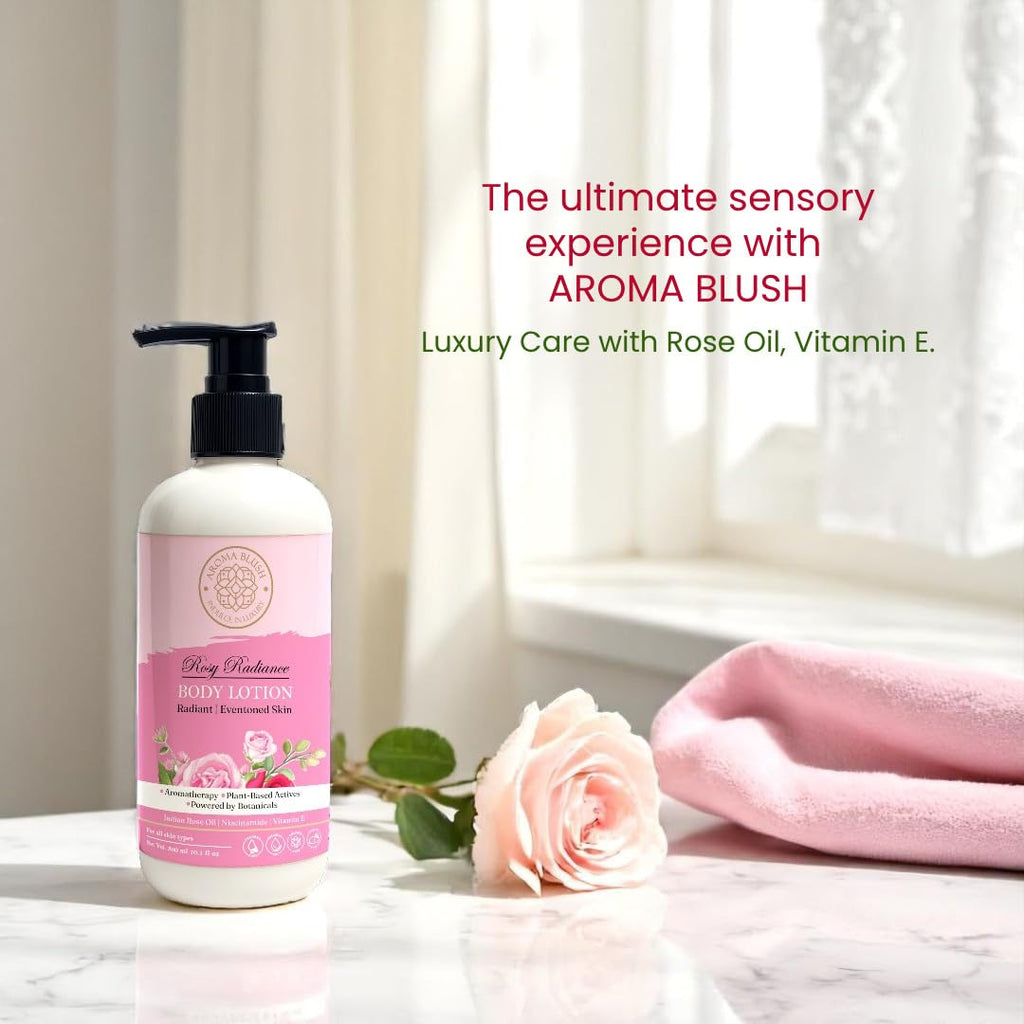 Aromablush - Rosy Radiance Body Lotion | Indian Rose Oil, Niacinamide, Vitamin E | Brightening & Intense Hydration | Non-Greasy, Lightweight | Floral Scent | For All Skin Types | 300ml