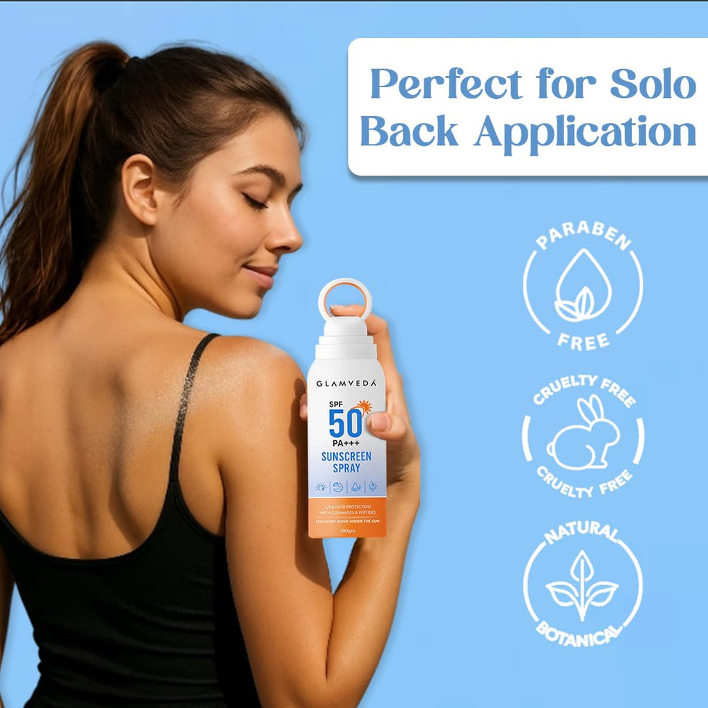 Glamveda Body Sunscreen Spray SPF 50 PA+++, Broad Spectrum UVA/UVB and Blue Light Protection, With Ceramides Peptides and Niacinamide, Quick Absorbing Waterproof Formula, No White Cast, For Men and Women, 100 gm