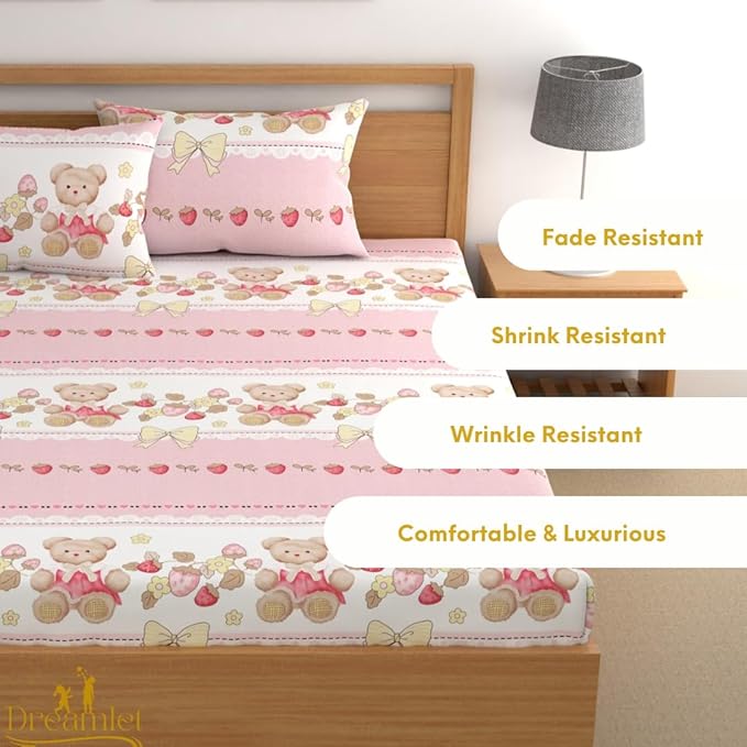 Dreamlet 180tc Cotton Feel All Around Elastic Fitted Bedsheets King Size for Double Bed With 2 Pillow Covers | Pink & White