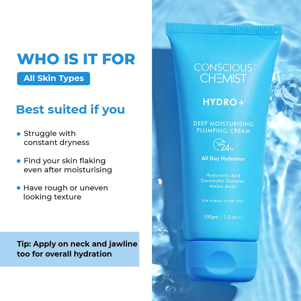 Conscious Chemist Hyaluronic Acid Moisturizer | 100g | Moisturizer for Dry Skin Face, Ceramide Moisturizer, Face Cream for Men & Women, Treat Dull, Dehydrated Skin, For Normal to Dry Skin - Hydro+
