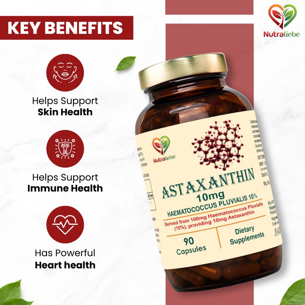 Nutraliebe Astaxanthin 10mg Capsules, Derived from Haematococcus Pluvialis 10%, 90 Non-GMO Capsules
