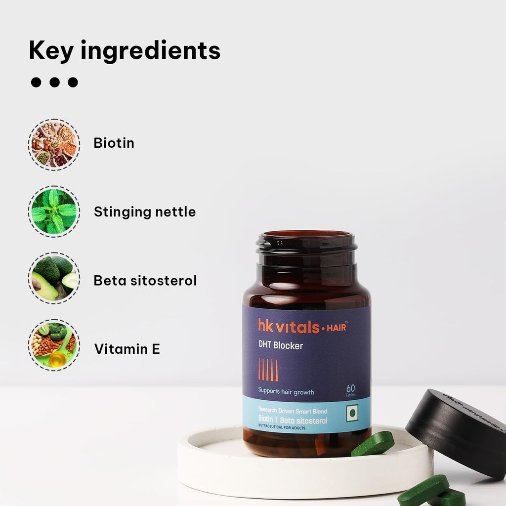 HealthKart hk vitals DHT Blocker with Biotin (60 Tablets) | Stinging Nettle and Soya Protein | Helps Reduce Hair Fall, Stimulates Hair Growth