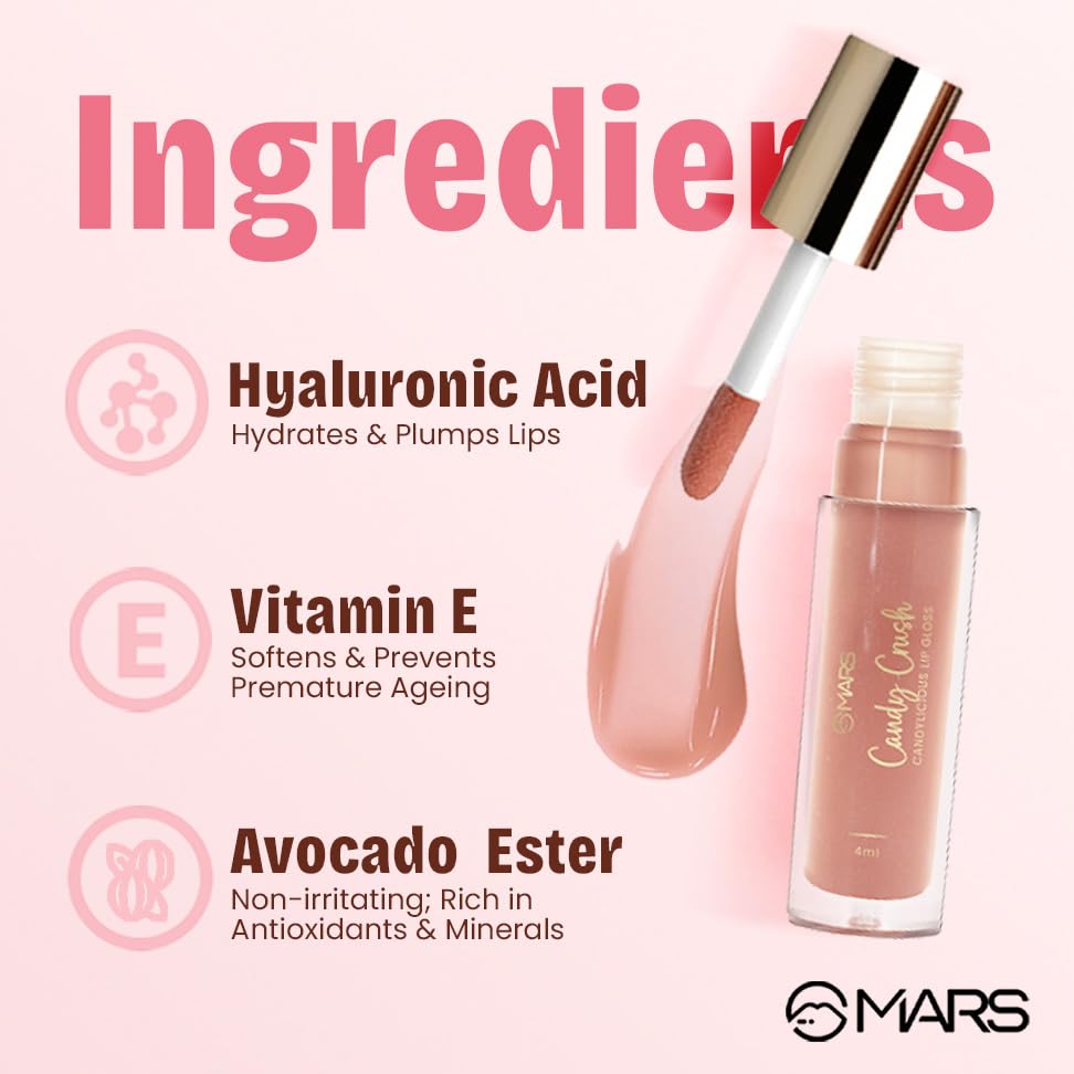 MARS Candylicious Sheer Lip Gloss for Women | Hydrating & High Shine | Lightweight | Non-Sticky | Enriched with Vitamin-E, Hyaluronic Acid & Avocado Ester (4.0ml) (04-CANDY FLOSS)