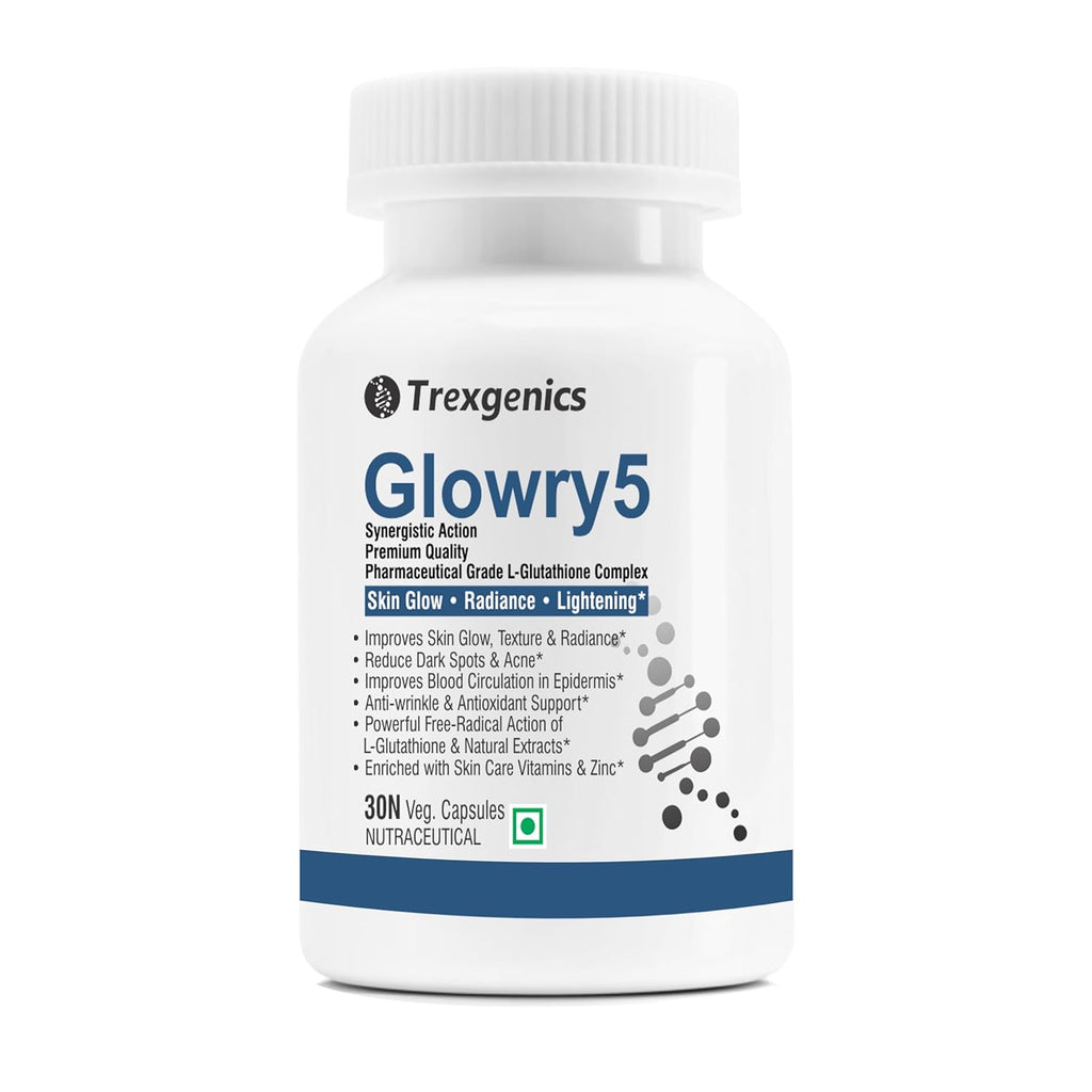 Trexgenics GLOWRY5 Advanced L-GLUTATHIONE Skin Care Complex with Skin Antioxidant Vitamins & Natural Herbs (30 Veg. Capsules) (Pack of 1)