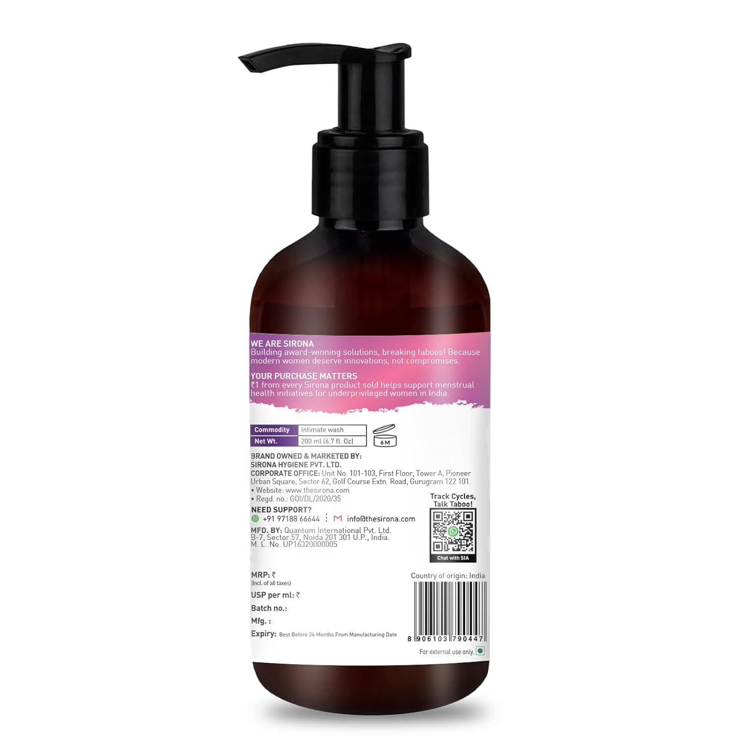 Sirona Natural Ph Balanced Intimate Wash, No Chemical Actives, 200 Ml