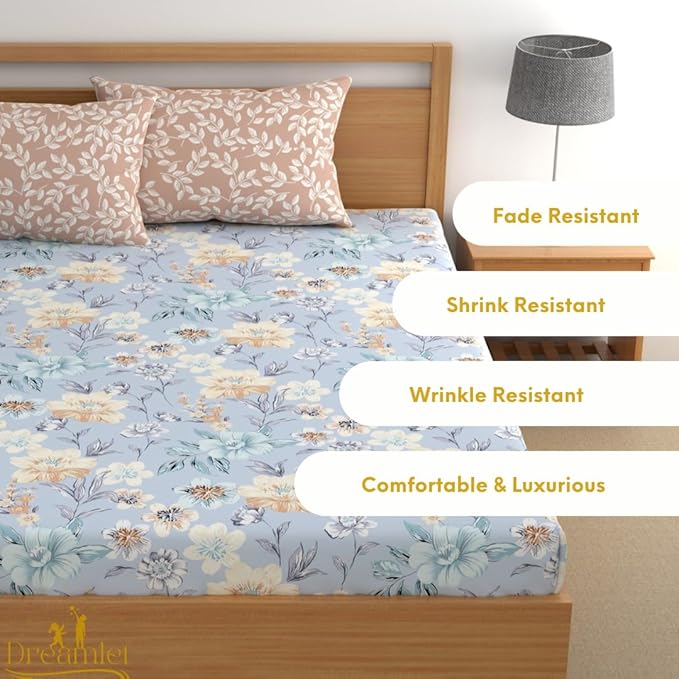 Dreamlet Premium Cotton Flat Double Bedsheets With 2 King Size Pillow Covers Double Bed Breathable | Blue