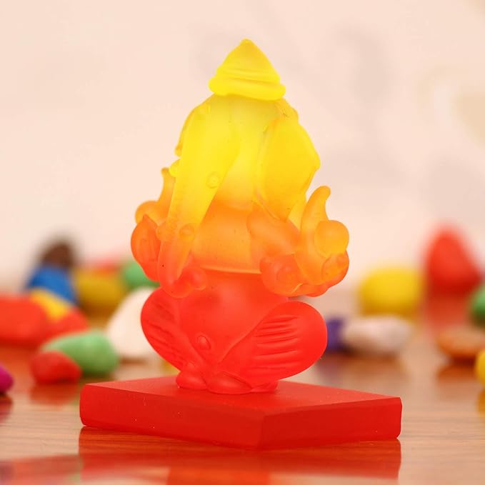 Ecraftindia Yellow and Orange Double Sided Crystal Car Ganesha Showpiece