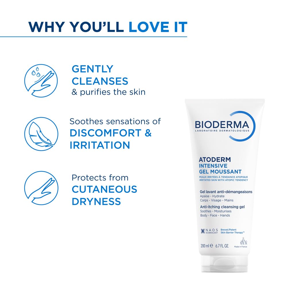 Bioderma Ultra-Soothing Foaming Gel Atoderm Intensive Gel Moussant | Anti-Itching Cleanser With Niacinamide, 200ml