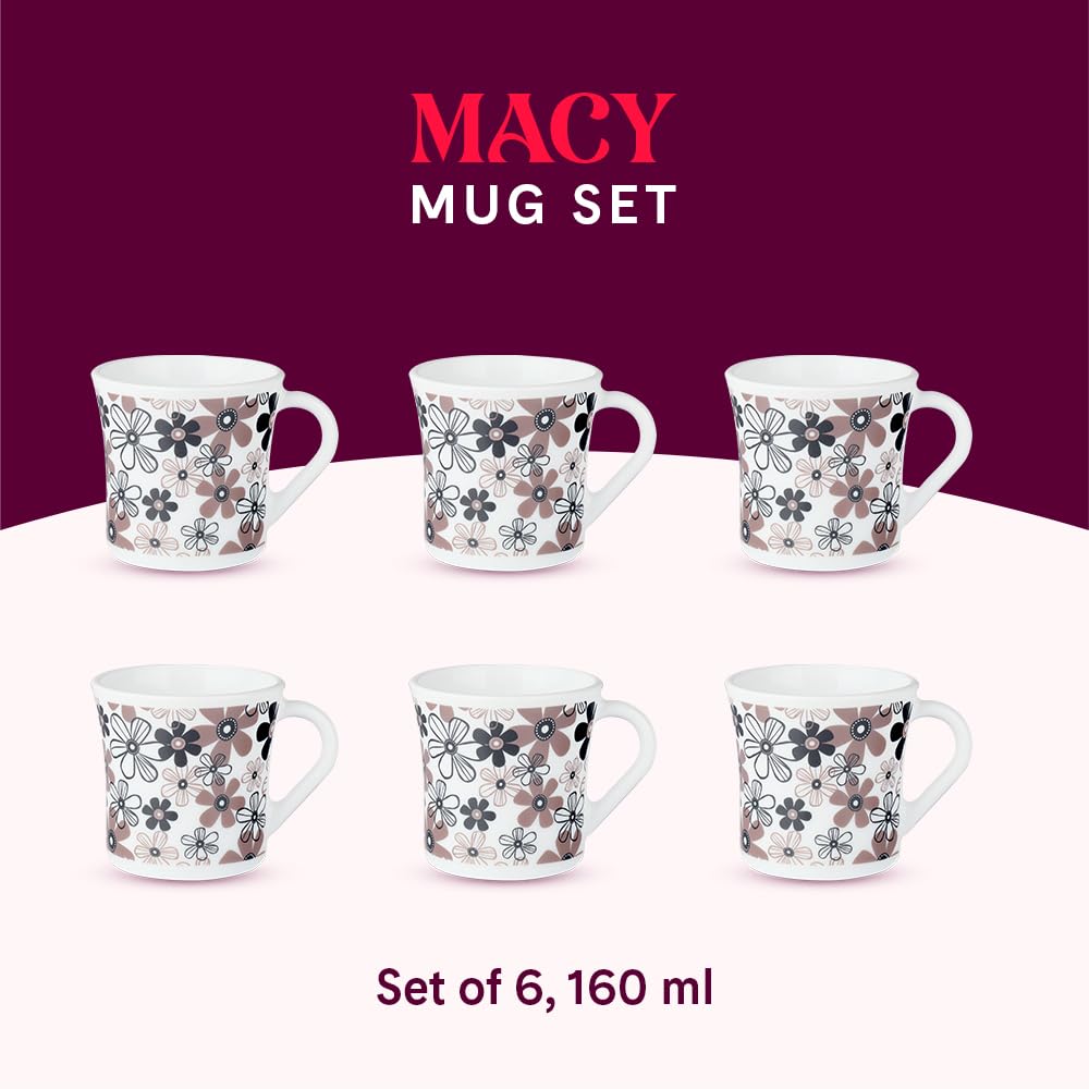 Larah by Borosil Crysta Series Macy Opalware Mug | Set of 6 Tea/coffee Mugs | 160 Ml Each