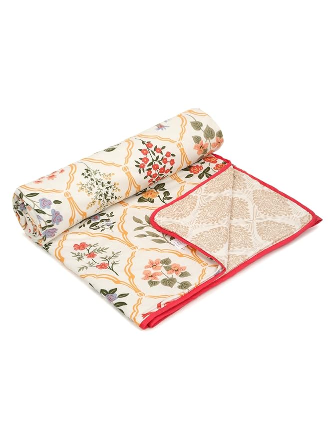 Cortina Ultra-Soft Microfiber Reversible 120 GSM Abstract Single AC Blanket Quilt Dohar | Cream