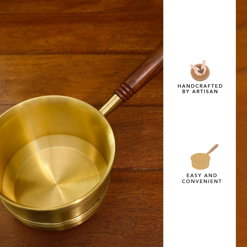 Ellementry Arra Brass Tea Pan 750ml with Wooden Handle Induction Sauce Pan Chai Milk Pot