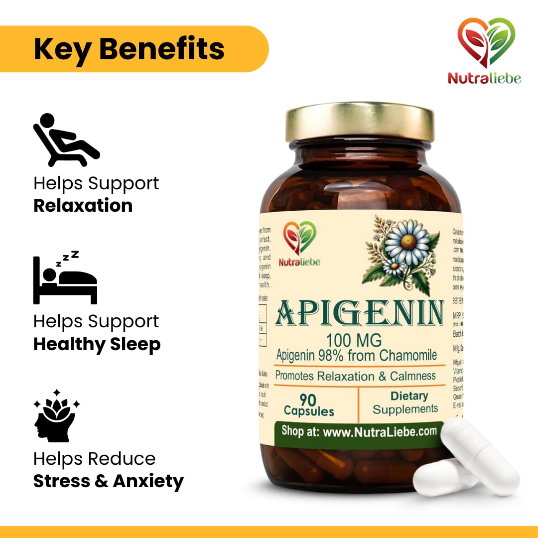 Nutraliebe Apigenin 100 mg â€“ Chamomile Extract Supplement â€“ Natural Sleep & Anxiety Support â€“ Non-GMO, Vegan â€“ 90 Veg Capsules