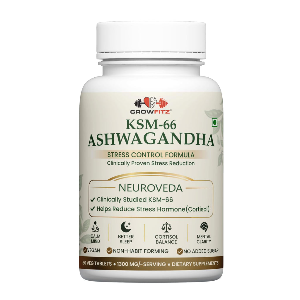 GROWFITZ KSM-66 Ashwagandha 1300mg Tablets | 60 Veg Tablets | Herbal Supplement | Supports Stress Management, Better Sleep, Muscle Recovery & Energy | for Men & Women