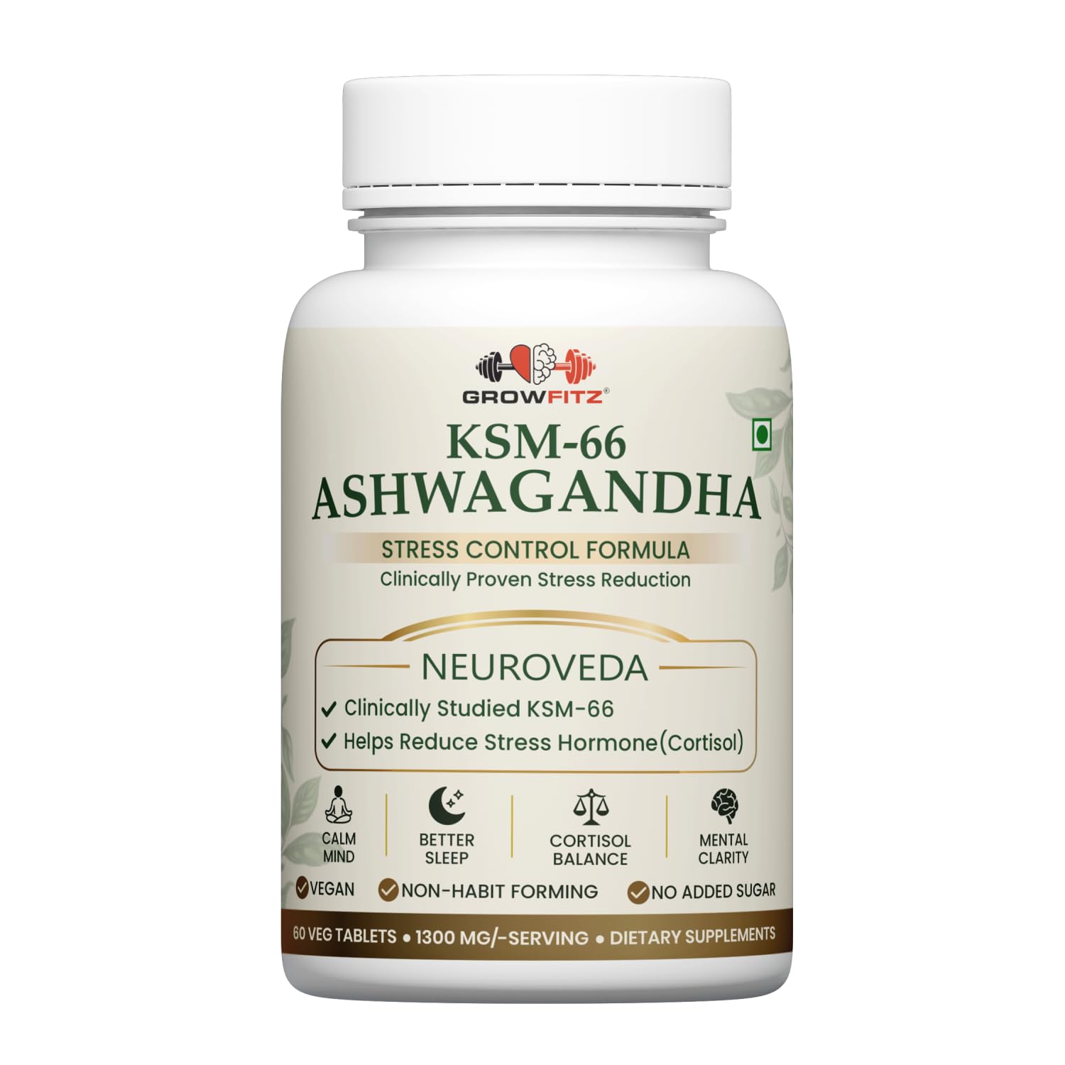GROWFITZ KSM-66 Ashwagandha 1300mg Tablets | 60 Veg Tablets | Herbal Supplement | Supports Stress Management, Better Sleep, Muscle Recovery & Energy | for Men & Women