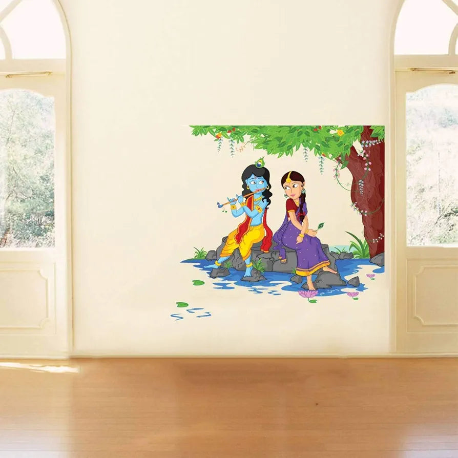 Rawpockets Decals Lord Krishna Playing Flute with Radha on River Bed Large Size  Wall Sticker