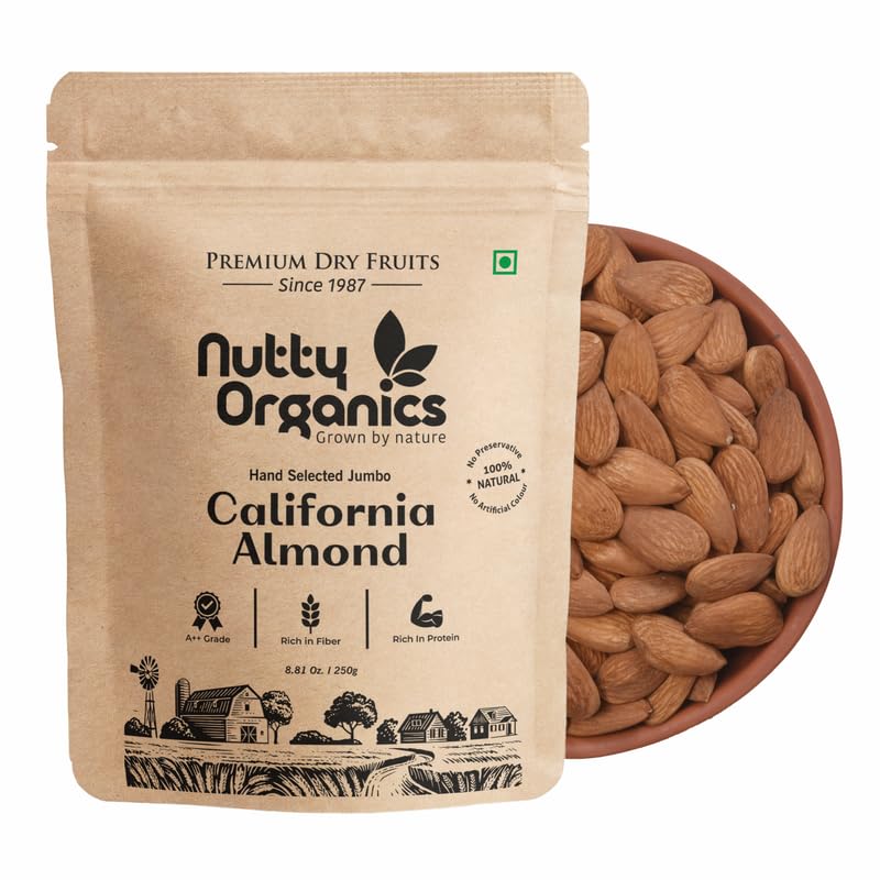 Nutty Organics California Almonds| Hand Selected Jumbo | Tasty & Healthy | High in Protein & Dietary Fiber | Nutritious | Healthy Dry Fruit