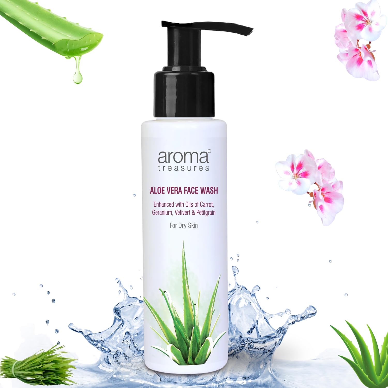 Aroma Treasures Aloe Vera Face Wash for Men & Women | Gentle Hydrating Cleanser with Chamomile, Calendula & Hibiscus | Natural Oil Control & Brightening Facewash – 100ml