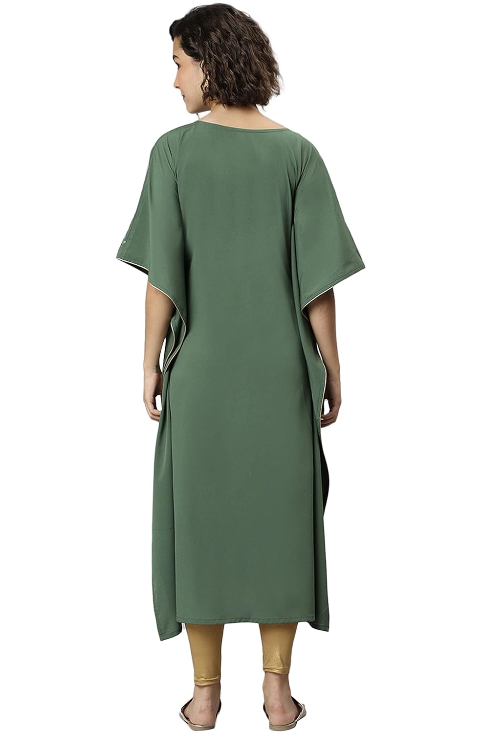 Janasya Women's Green Poly Crepe Geometric Print Kaftan Kurta