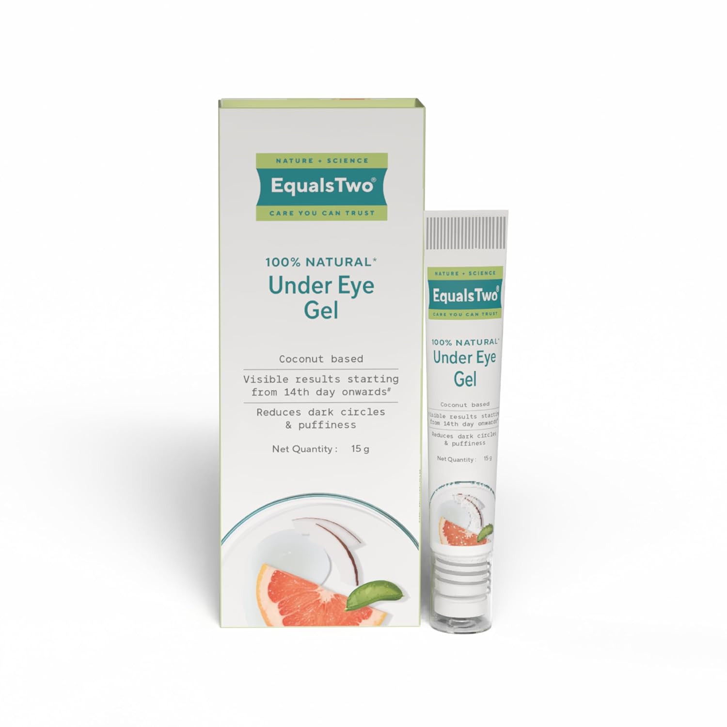 EQUALSTWO by Zydus Under Eye Gel for Dark Circles, Puffiness & Wrinkles, 15ml | Natural Under Eye Gel for Men & Women with Coconut, Cucumber, Grapefruit & Aloe Vera, (Pack 1)