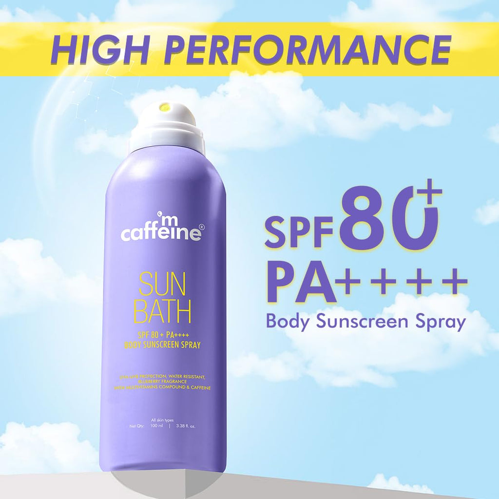 mCaffeine Sun Bath SPF 80+ PA ++++ Body Sunscreen Spray | High UV Protection | Invisible, Non-Greasy, 180 Mins Water/Sweat Resistant Cooling Spray| For All Skin Types | Blueberry Fragrance -100ml