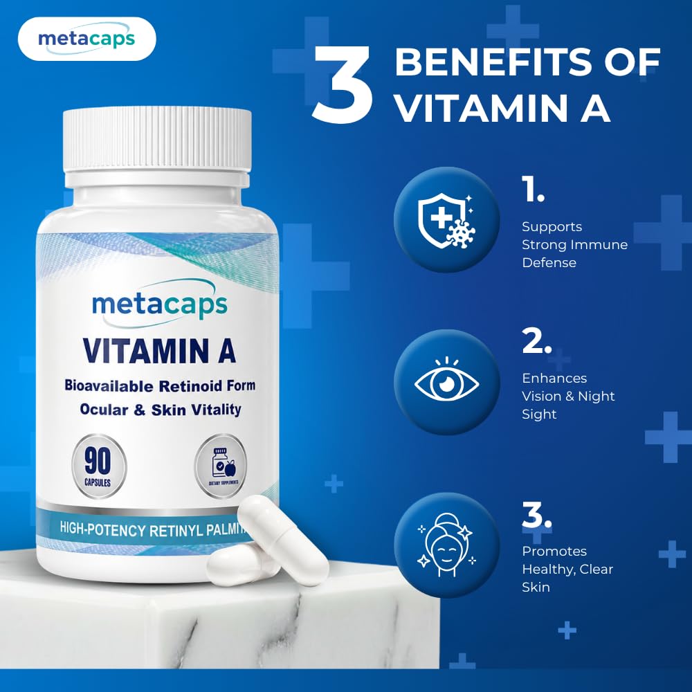 MetaCaps Vitamin A – 90 Veg Capsules | High-Potency Retinyl Palmitate for Immune Resilience & Vision Health | Supports Clear Skin & Cellular Growth