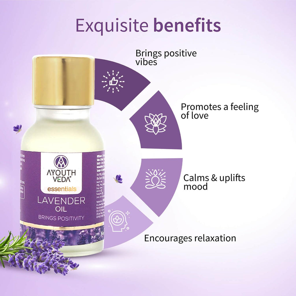 Ayouthveda Lavender Essential Oil | Skin, Acne, Hair Fall, Relaxing Sleep, Aromatherapy & Body | Pure, Organic, Natural & Undiluted, Organic Certified | 15ml Pack