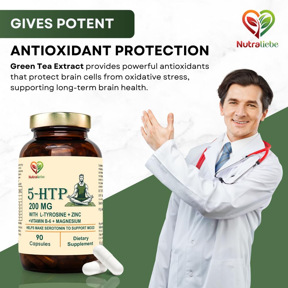 Nutraliebe 5-HTP 200mg with L-Tyrosine, Zinc, Vitamins B6 & B9, Magnesium, Ashwagandha, Green Tea Extract - 90 Capsules for Mood, Relaxation, and Cognitive Support