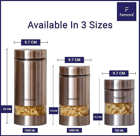 Femora Kitchen Storage Jars Steel Body With See Through Window Jar | 1300 Ml | Pack of 4