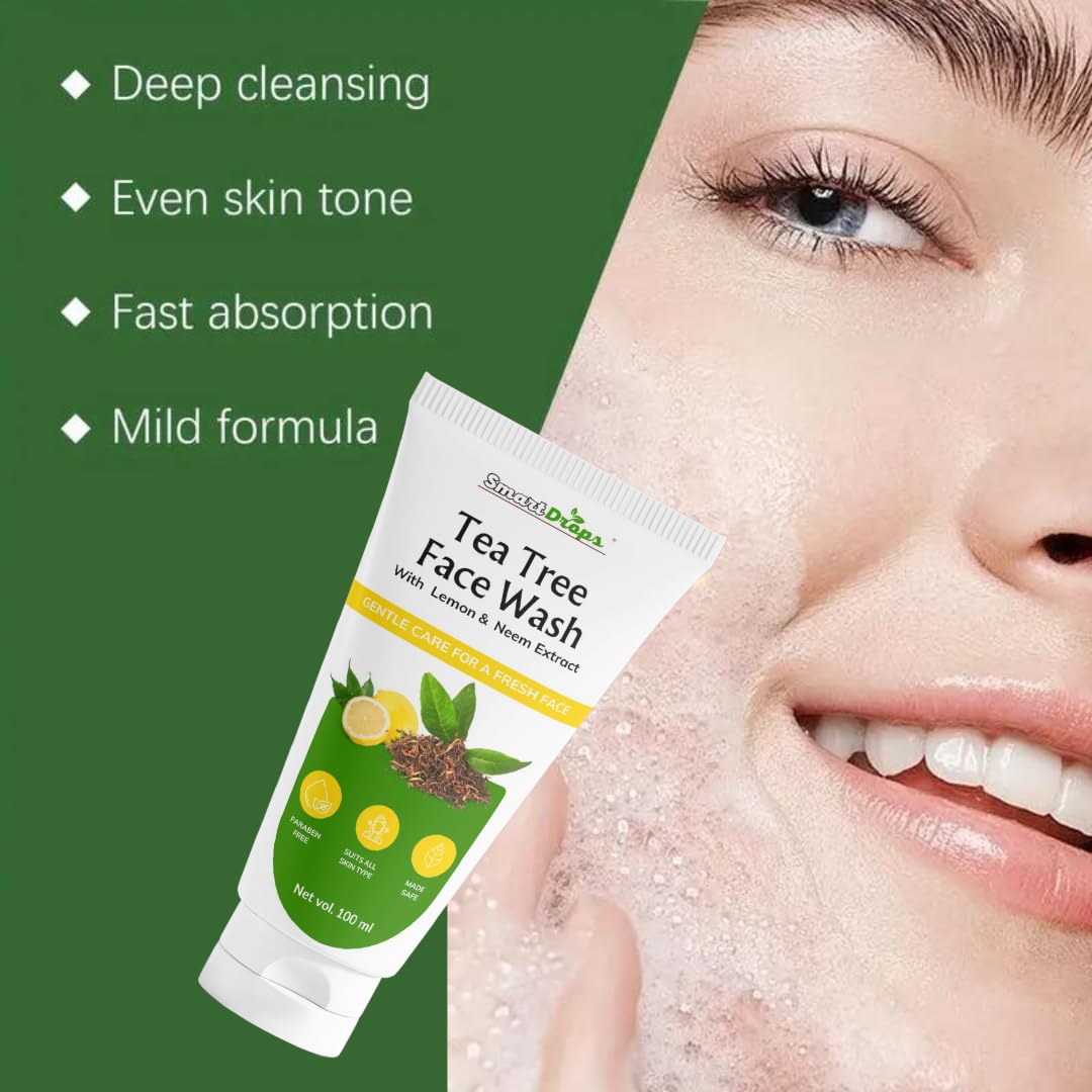 Smartdrops Tea Tree Face Wash | Tea Tree Skin Clearing Face Wash | TeaTree Facee Washh with Lemon and Neem Extract | For All Skin Types | (Pack 1)