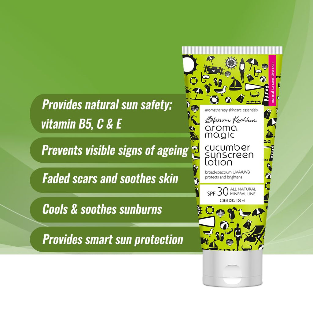 Aroma Magic Cucumber SPF 30 Sunscreen Lotion 50 ml | for Normal to Sensitive Skin | Non-Nano Zinc Oxide, Wheatgerm & Coconut Oil | Cools, Soothes & Protects | No Parabens or Alcohol | Pack of 1