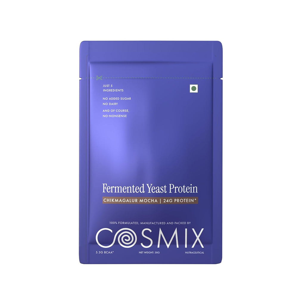 Cosmix Fermented Yeast Protein Powder | 24g Protein | Pure Single-Source Plant Protein | Made In-House | Smooth, Crazy tasty & Gut-Friendly | Chikmagalur Mocha, 38g Sachet