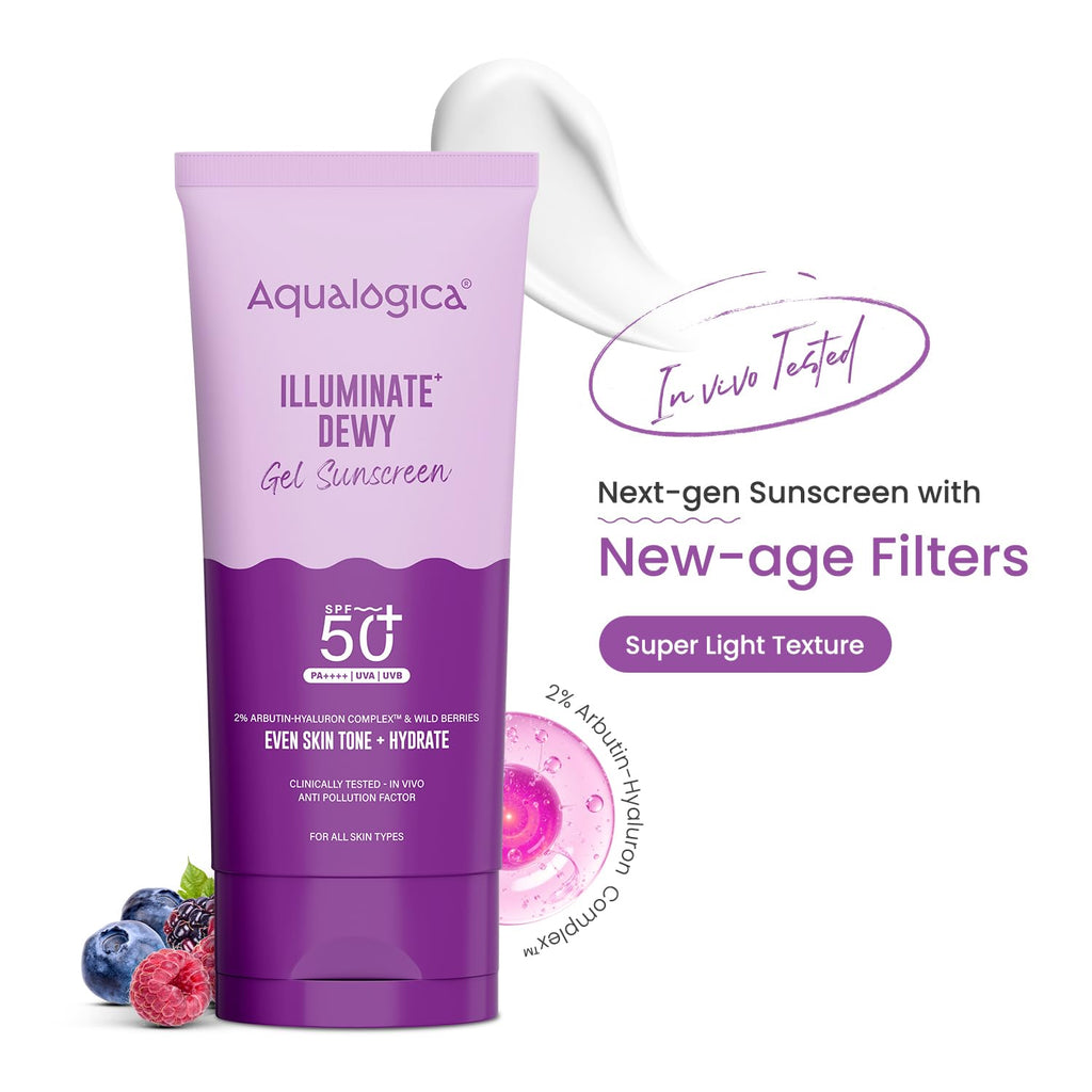 Aqualogica Illuminate+ Dewy Gel Sunscreen SPF 50+ PA++++, 80g | 2% Arbutin-Hyaluron Complex & Wild Berries | Broad Spectrum UVA/UVB & Blue Light Protection | Fragrance-Free | No White Cast | Lightweight | For Men & Women
