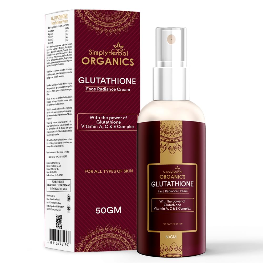 Simply Herbal Organics L Glutathione Face Cream with Vitamin A, C & E for All Skin Type, Anti Aging, Dark Spots removal, Skin Radiance, Pigmentation and Skin Care Cream, 50gm